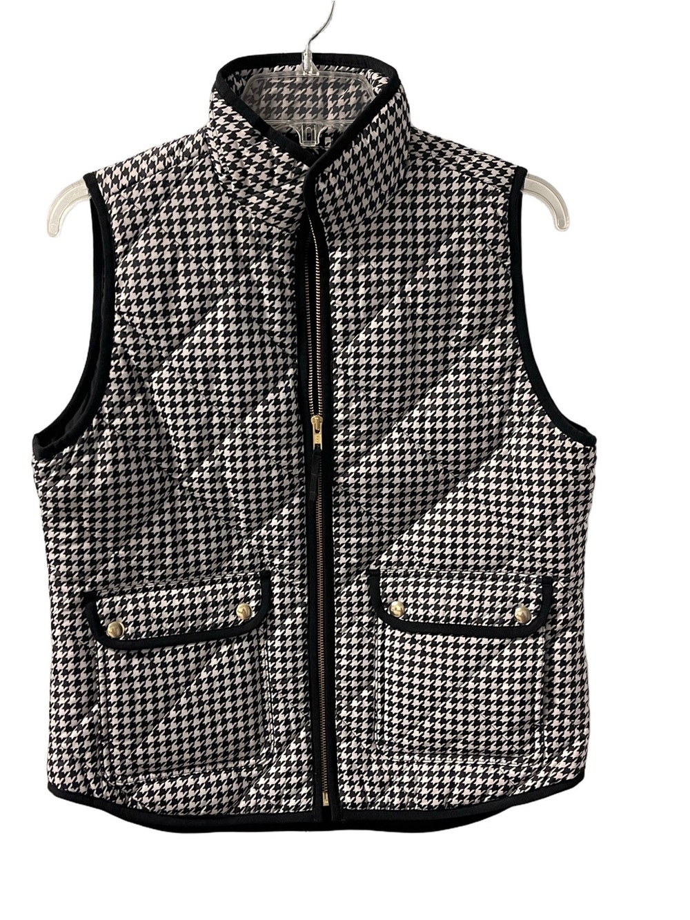 J Crew Houndstooth Quilted Puffer Vest - Black/White Pockets Zippered Sz S NWOT
